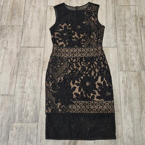 Tadashi Shoji Nemuro Dress Womens 8 Black Nude Lace Sheath Cocktail Evening - Picture 3 of 15